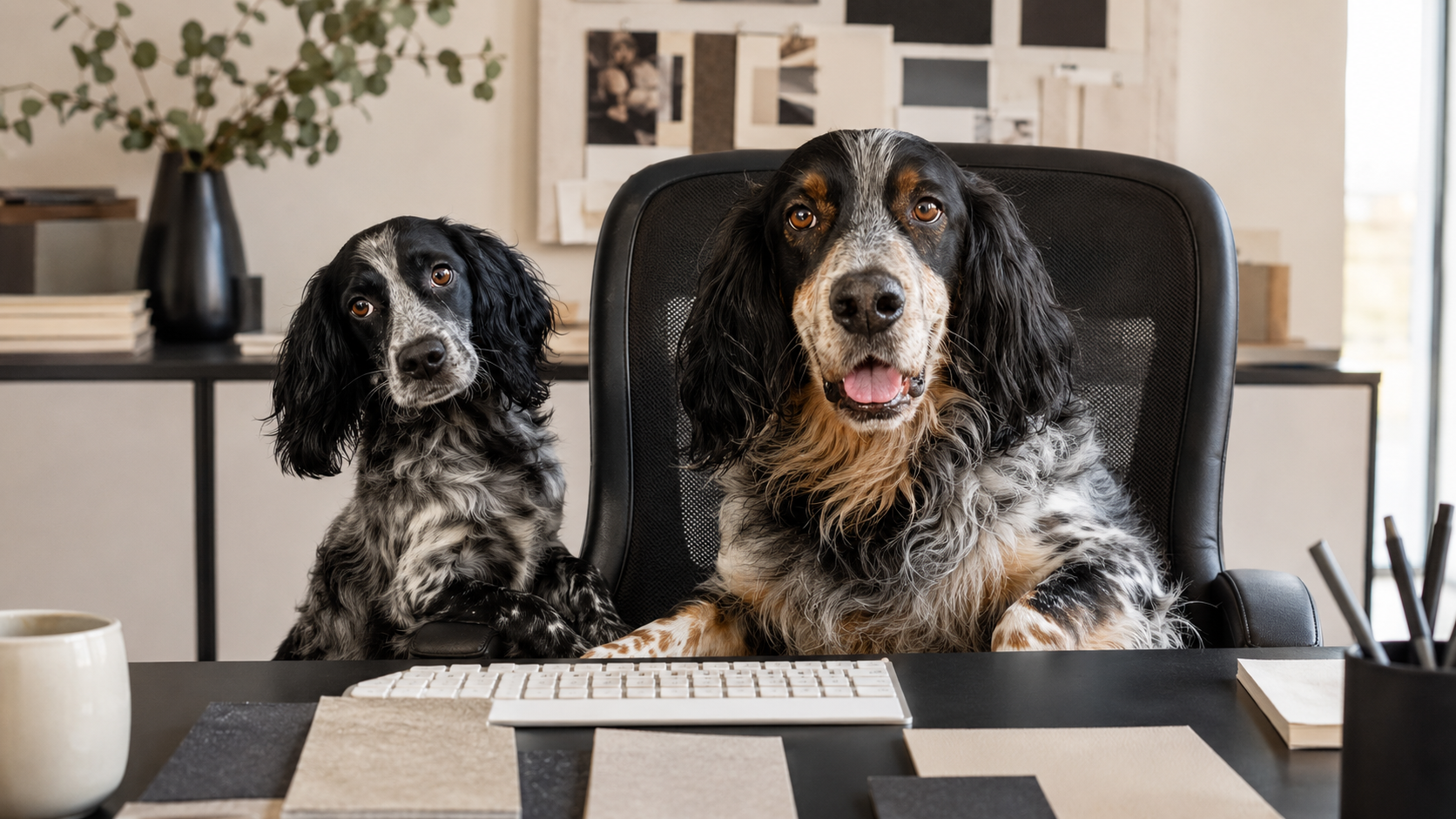 Fran und sein tierischer Kollege als kreatives Büroteam